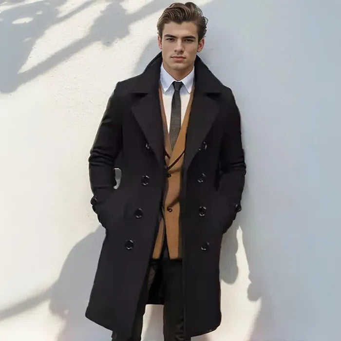 Sobretudo Masculino Longo Vonluthen VL240, com algodão e lã, forro aquecido e detalhes sofisticados, perfeito para o inverno e ocasiões elegantes.