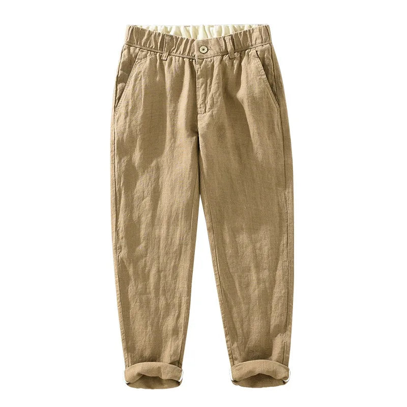 Calça de Linho Masculina Vonluthen VL009, feita em linho premium, com caimento impecável e acabamento refinado, ideal para ocasiões formais e casuais sofisticadas.