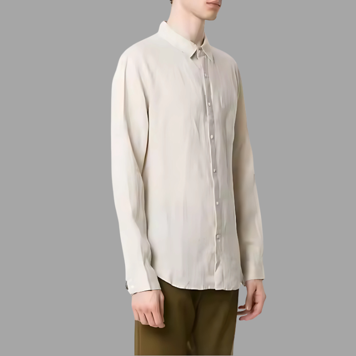 Camisa de Linho Masculina Vonluthen VL346, confeccionada em linho respirável, sustentável e durável, ideal para climas quentes e ocasiões sofisticadas.