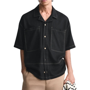 Camisa Masculina com Contraste em Linho Vonluthen VL361, modelagem moderna, bolsos estilosos e tecido respirável para conforto e elegância.