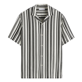 Camisa Masculina em Linho Listrada Vonluthen VL359, com tecido respirável, modelagem casual e colarinho acampamento, perfeita para um estilo moderno e sofisticado.