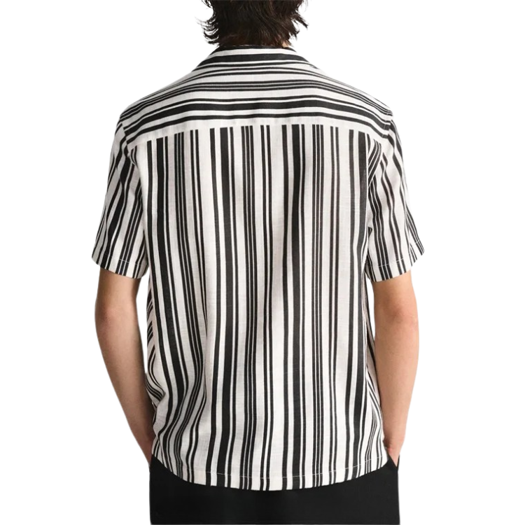 Camisa Masculina em Linho Listrada Vonluthen VL359, com tecido respirável, modelagem casual e colarinho acampamento, perfeita para um estilo moderno e sofisticado.