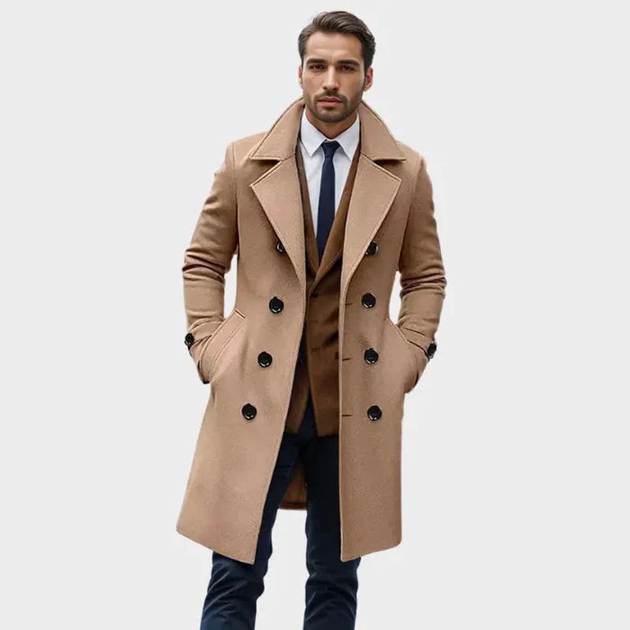 Sobretudo Masculino Longo Vonluthen VL240, com algodão e lã, forro aquecido e detalhes sofisticados, perfeito para o inverno e ocasiões elegantes.