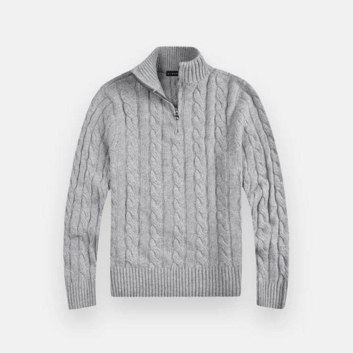 Suéter Masculino em Tricot Vonluthen VL018, feito com tricot premium, modelagem ajustada e meio zíper, proporcionando um visual sofisticado e confortável.