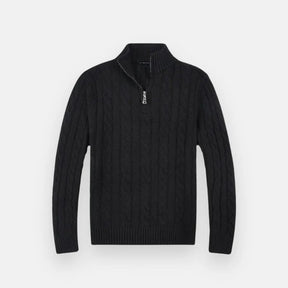 Suéter Masculino em Tricot Vonluthen VL018, feito com tricot premium, modelagem ajustada e meio zíper, proporcionando um visual sofisticado e confortável.
