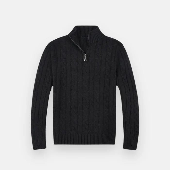 Suéter Masculino em Tricot Vonluthen VL018, feito com tricot premium, modelagem ajustada e meio zíper, proporcionando um visual sofisticado e confortável.